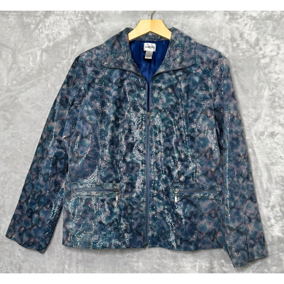 Chicos Jacket Womens Large Blue Gray Leather Coated Shimmer Animal Print Lined - Picture 1 of 12